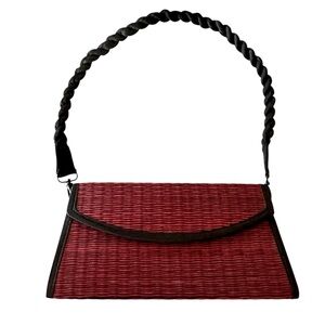 Baskets of Cambodia Red Black Tatami Style Handwoven Grass Hand or Shoulder Bag